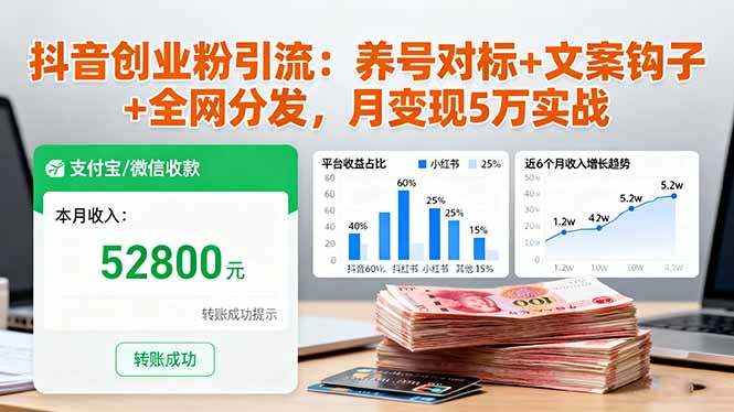 抖音创业粉引流：养号对标+文案钩子+全网分发，月变现5万实战-轻创网