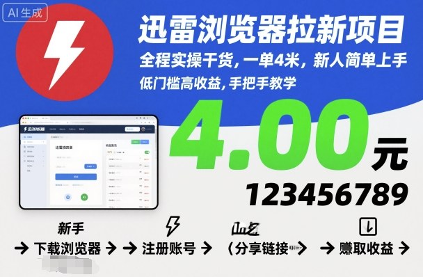 迅雷浏览器拉新项目，全程实操干货，一单4米，新人简单上手-轻创网