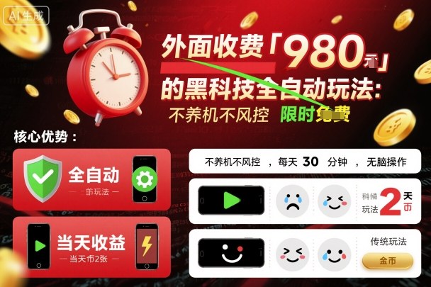 外面收费980的黑科技全自动玩法，不养机不风控，每天30分钟，无脑操作，当天收益2张【揭秘】-轻创网