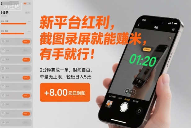 新平台红利,截图录屏就能賺米,有手就行!2分钟完成一单,时间自由,单量无上限,轻松日入5张【揭秘】-轻创网