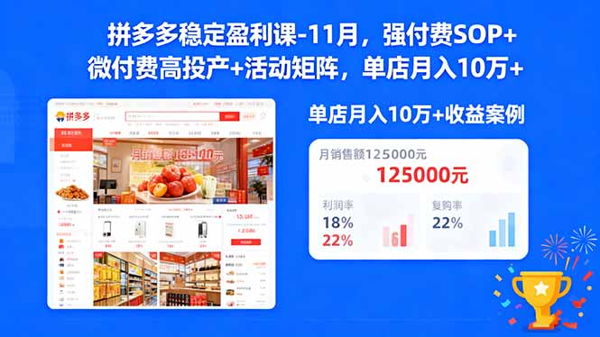 拼多多稳定盈利课-11月，强付费SOP+微付费高投产+活动矩阵，单店月入10万+-轻创网