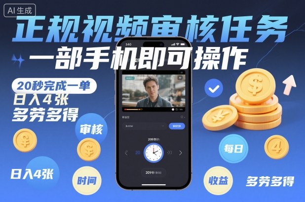 正规视频审核任务，一部手机即可操作，20秒完成一单，日入4张，多劳多得【揭秘】-轻创网