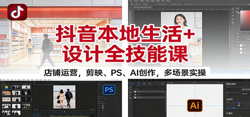 抖音本地生活+设计全技能课：店铺运营，剪映、PS、AI创作，多场景实操-轻创网