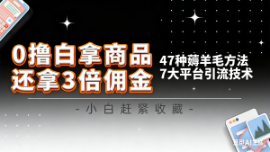 10大平台引流实操教程，白得商品倒赚3倍佣金，47种薅羊毛攻略，管道月入过万-轻创网