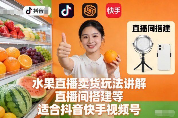 水果直播卖货玩法讲解、直播间搭建等，适合抖音快手视频号-轻创网