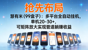 抢先布局慧有米(99盒子)：多平台全自动挂机，单机20-30+，可矩阵实现管道躺赚-轻创网