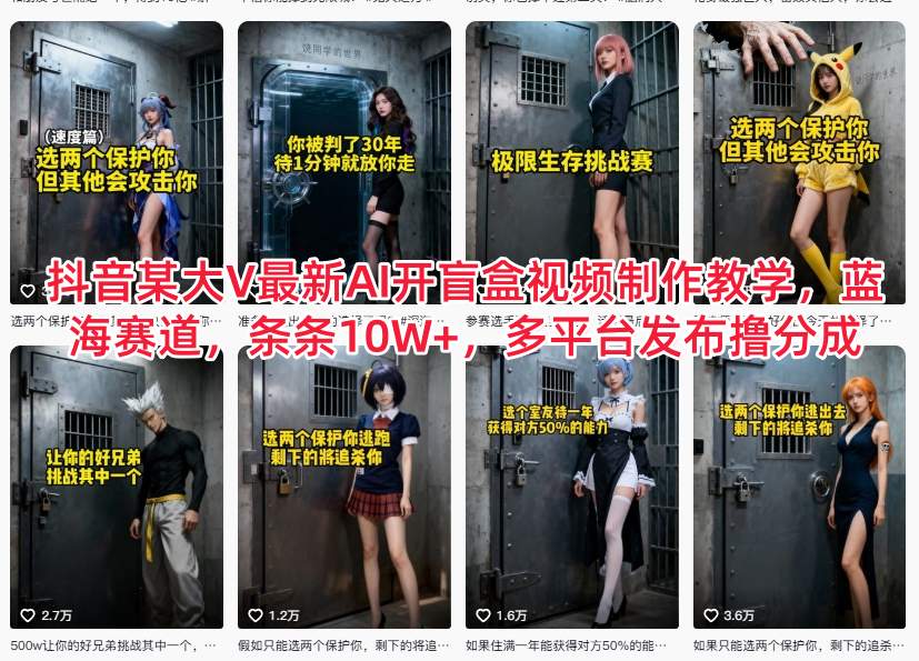 抖音某大V最新AI开盲盒视频制作教学，蓝海赛道，条条10W+，多平台发布撸分成-轻创网