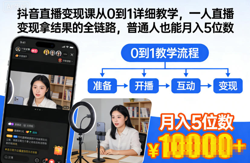 抖音直播变现课从0到1详细教学，一人直播变现拿结果的全链路，普通人也能月入5位数-轻创网