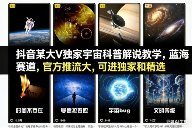 抖音某大V独家宇宙科普解说教学,蓝海赛道,官方推流大,可进独家和精选-轻创网