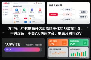 2025小红书电商开店卖货精细化实战教学2.0，不讲废话，小白7天快速学会，单店月利润2W-轻创网