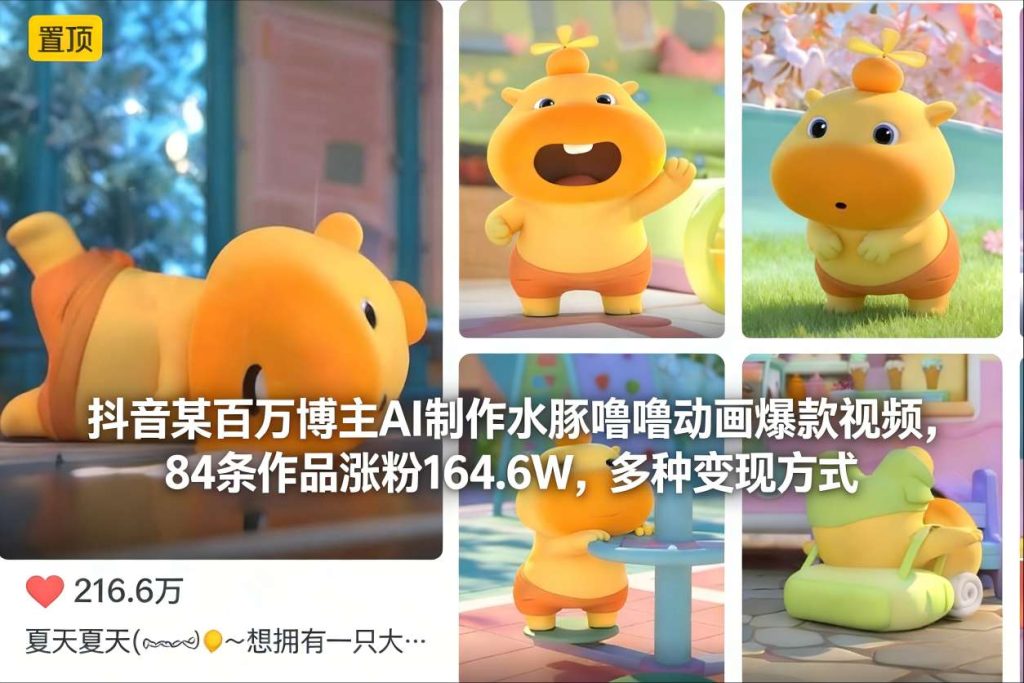 抖音某百万博主AI制作水豚噜噜动画爆款视频，84条作品涨粉164.6W，多种变现方式-轻创网