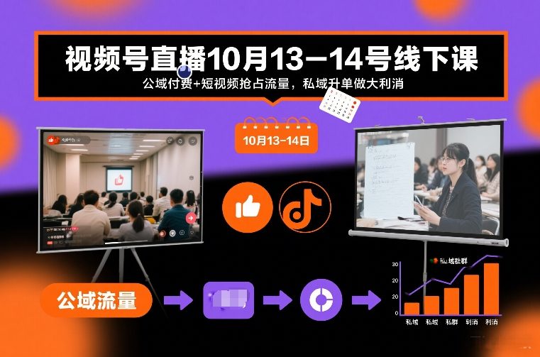 视频号直播10月13-14号线下课，公域付费+短视频抢占流量，私域升单做大利消-轻创网