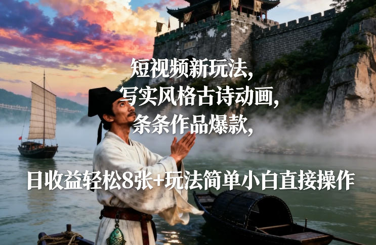 短视频新玩法，写实风格古诗动画，条条作品爆款，日收益轻松8张+玩法简单小白直接操作-轻创网