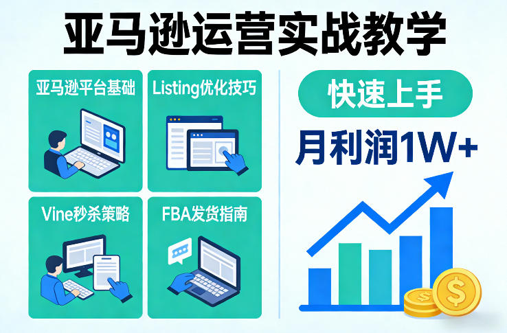 亚马逊运营实战教学，亚马逊平台+Listing优化+Vine秒杀+FBA发货等，快速上手，实现店铺月利润1W-轻创网