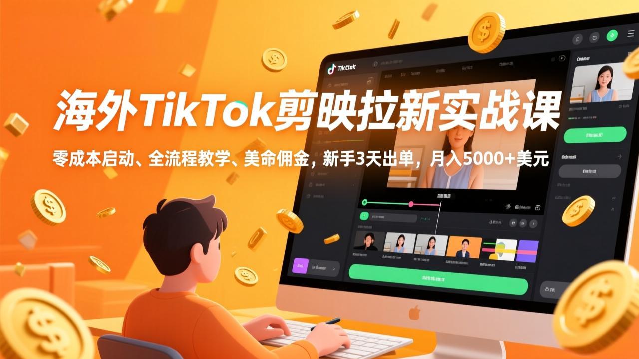 海外TikTok剪映拉新实战课,零成本启动、全流程教学、美金佣金,新手3天出单,月入5000+美元-轻创网