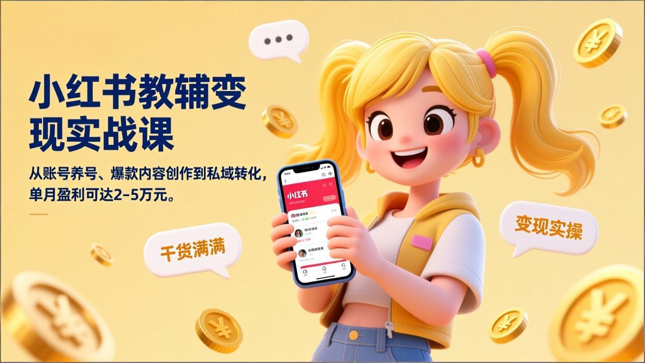 小红书教辅变现实战课，从账号养号、爆款内容创作到私域转化，单月盈利可达2-5万元-轻创网