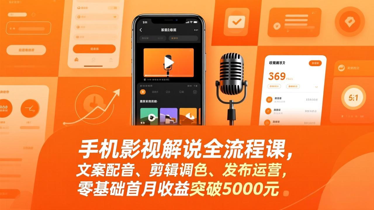 手机影视解说全流程课，文案配音、剪辑调色、发布运营，零基础首月收益突破5000元-轻创网