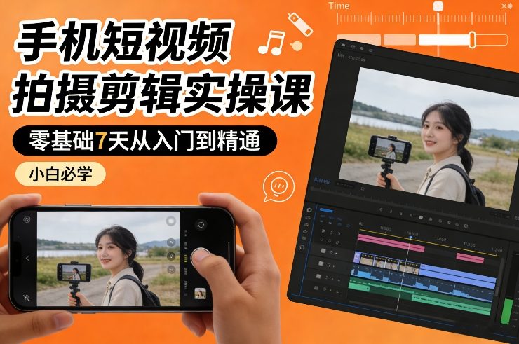 手机短视频拍摄剪辑实操课，零基础7天从入门到精通，小白必学-轻创网