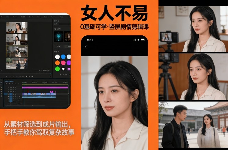 0基础可学！《女人不易》竖屏剧情剪辑课，从素材筛选到成片输出，手把手教你驾驭复杂故事-轻创网