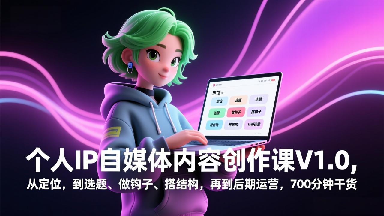 个人IP自媒体内容创作课V1.0，从定位，到选题、做钩子、搭结构，再到后期运营，700分钟干货-轻创网