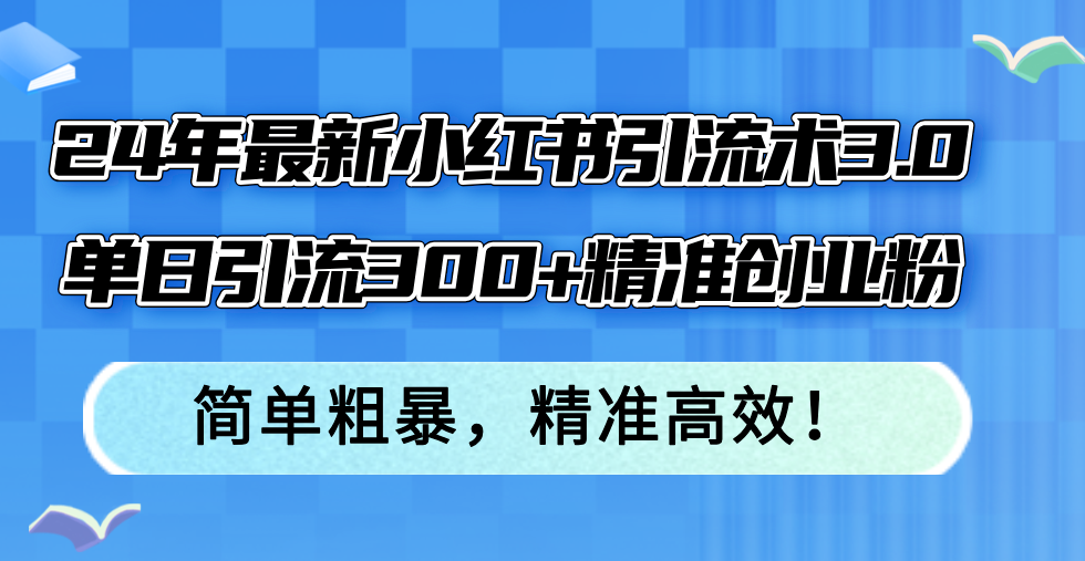 24年最新小红书引流术3.0，单日引流300+精准创业粉，简单粗暴，精准高效！-轻创网