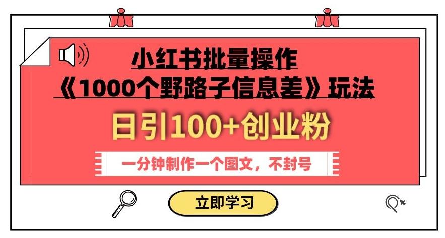 小红书批量操作《1000个野路子信息差》玩法，一分钟制作一个图文，不封号，日引100+创业粉-轻创网