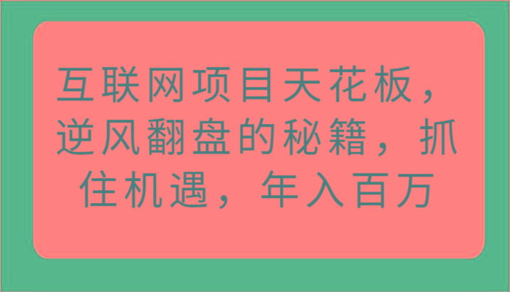 互联网项目天花板，逆风翻盘的秘籍，抓住机遇，年入百万-轻创网
