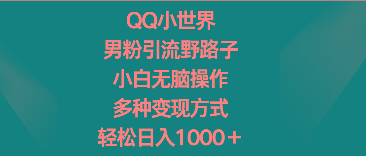 QQ小世界男粉引流野路子，小白无脑操作，多种变现方式轻松日入1000＋-轻创网