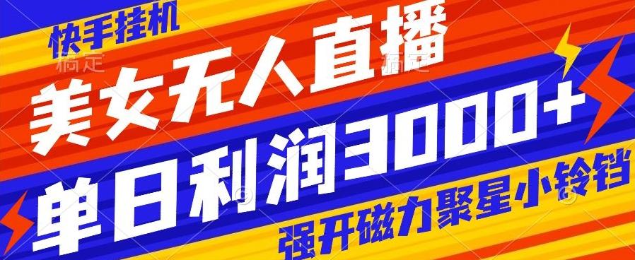 快手挂机，美女无人直播，强开磁力聚星小铃铛，日入3000+-轻创网