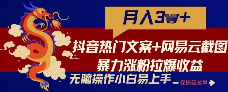抖音热门文案+网易云截图暴力涨粉拉爆收益玩法，小白无脑操作，简单易上手【揭秘】-轻创网