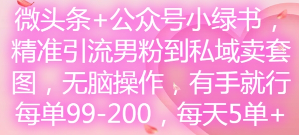 微头条+公众号小绿书，精准引流男粉到私域卖套图，无脑操作，有手就行，每单99-200，每天5单-轻创网